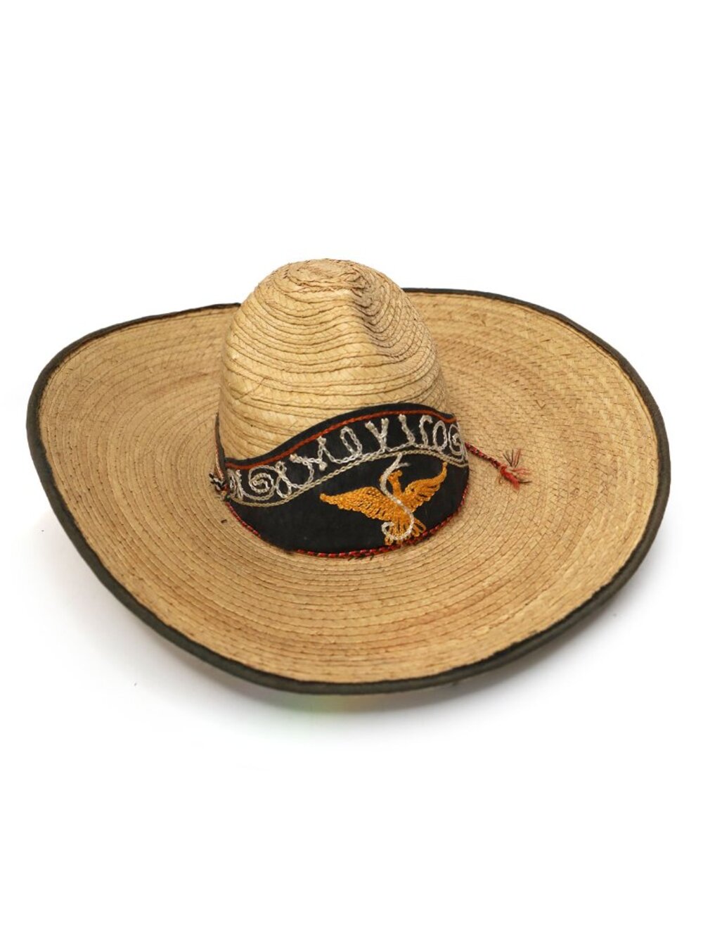 Vintage Mexican Straw Sombrero Hat Embroidered Eagle Wide Brim